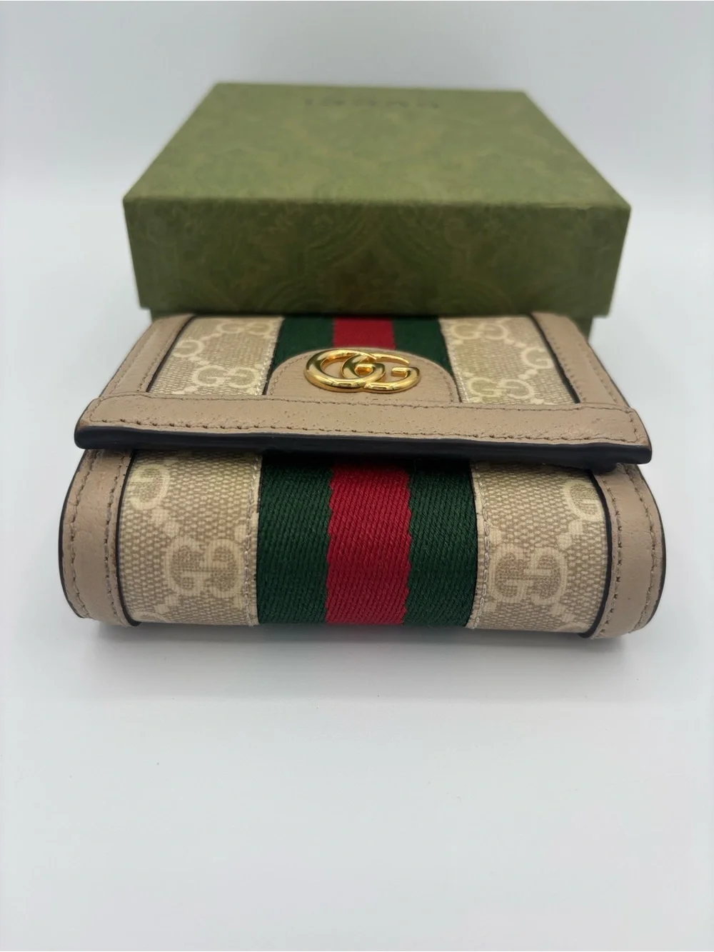 Gucci Ophidia GG Supreme Bifold Wallet- Beige/White with Green-Red Web Stripe